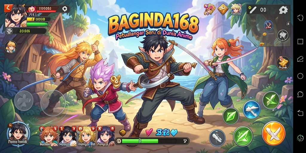 Tampilan gameplay BAGINDA168 dengan karakter anime yang penuh warna.
