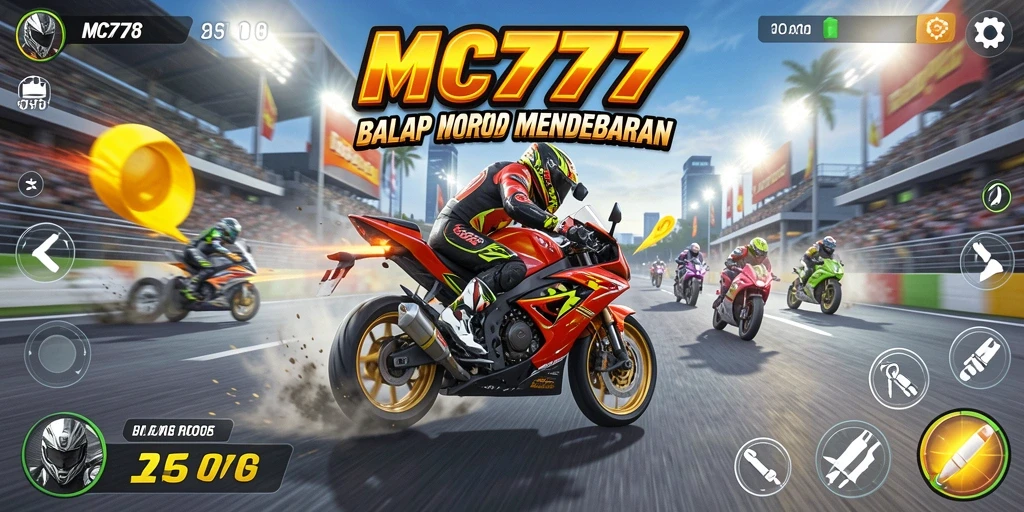 Screenshot menunjukkan aksi balap motor yang mendebarkan di MC777.