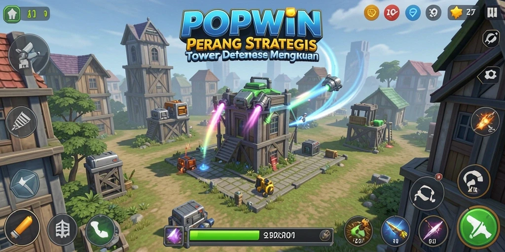 Screenshot gameplay dari POPWIN menunjukkan pertahanan Tower Defense yang menantang.