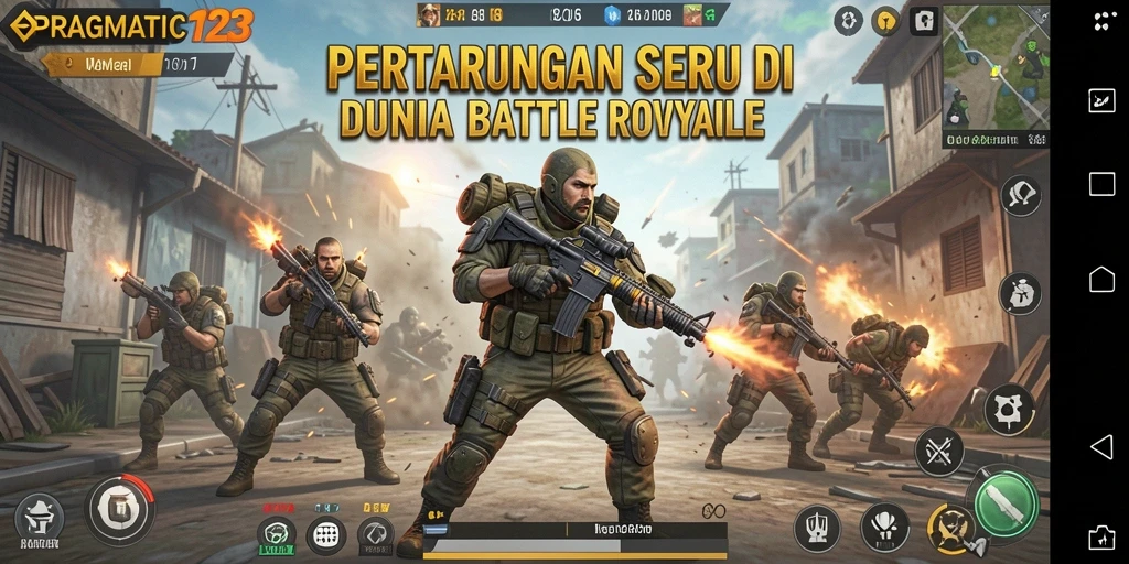 Tangkapan layar utama PRAGMATIC123 menampilkan aksi seru di medan perang Battle Royale.