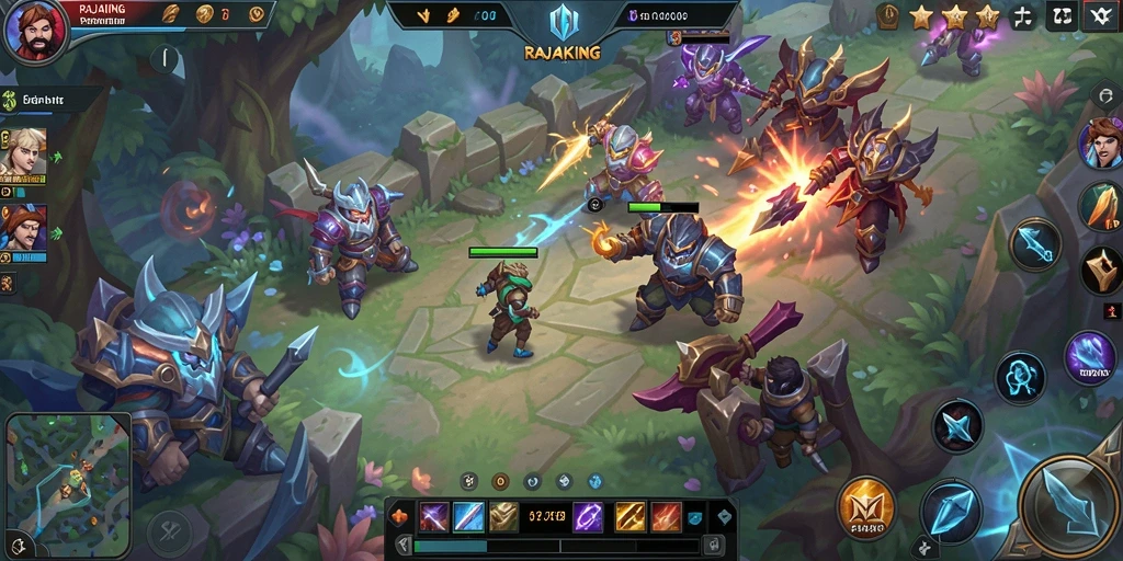 Screenshot gameplay RAJAKING yang menampilkan pertempuran intens di arena MOBA.