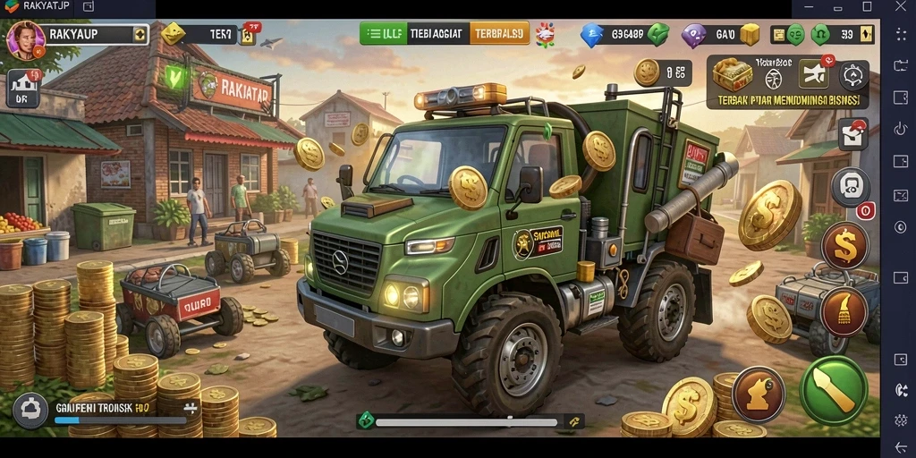 Screenshot RAKYATJP menampilkan gameplay dinamis dengan elemen Tycoon.