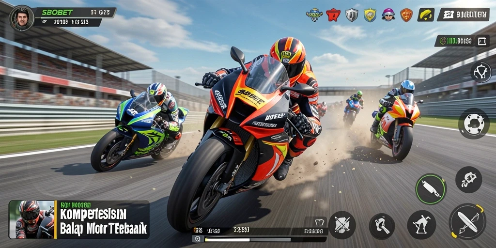 Screenshot utama SBOBET menampilkan aksi balap motor yang mendebarkan.